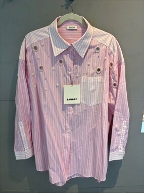 Sandro Pink Striped Button-Down Shirt with Eyelet Embellishments